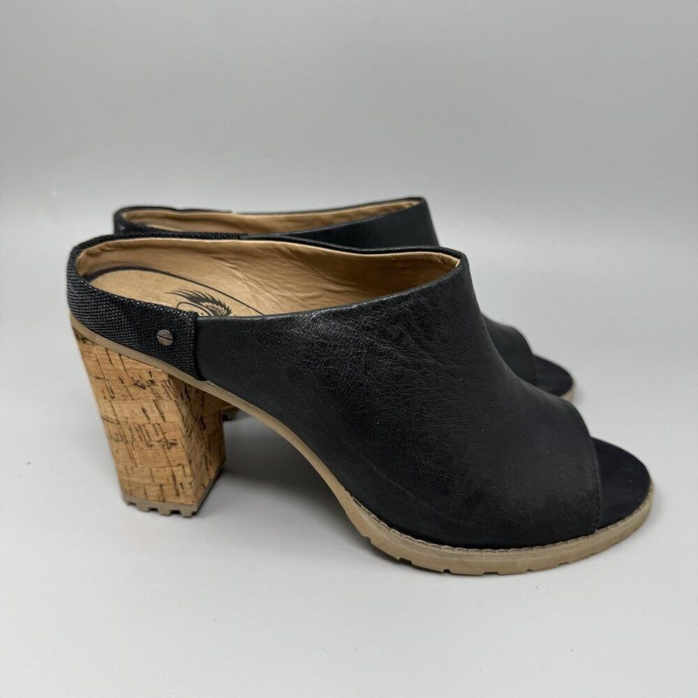Von Cruiser Shoes Womens Size 8.5 Black Leather Cork Heel Open Toe Slide Sandal